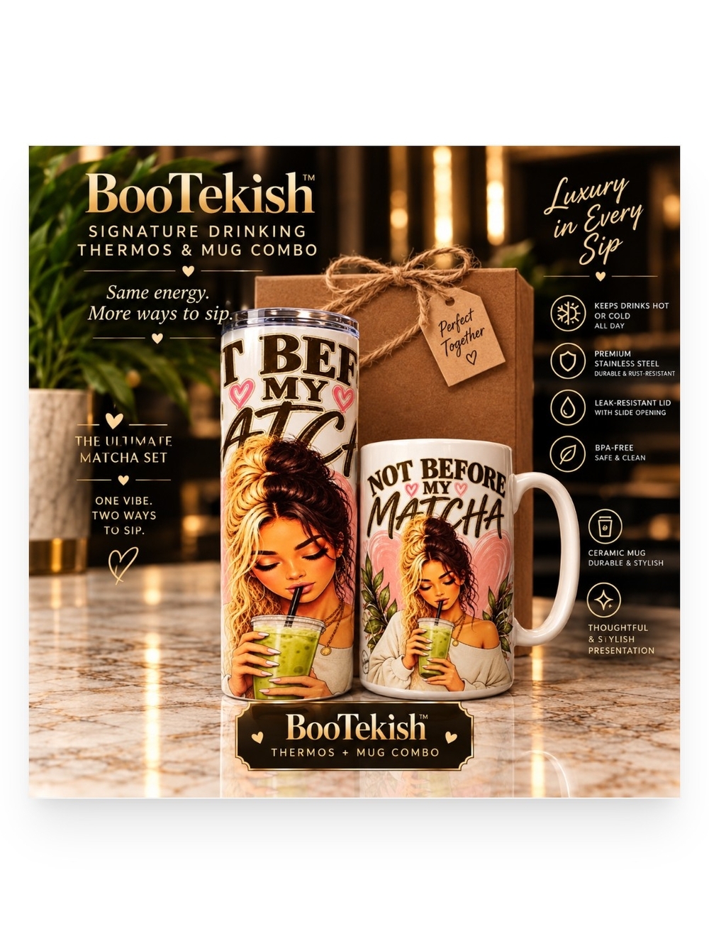 BooTekish White & Cream Matcha Thermos and Mug Set